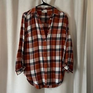 LOFT orange & gray plaid button down shirt